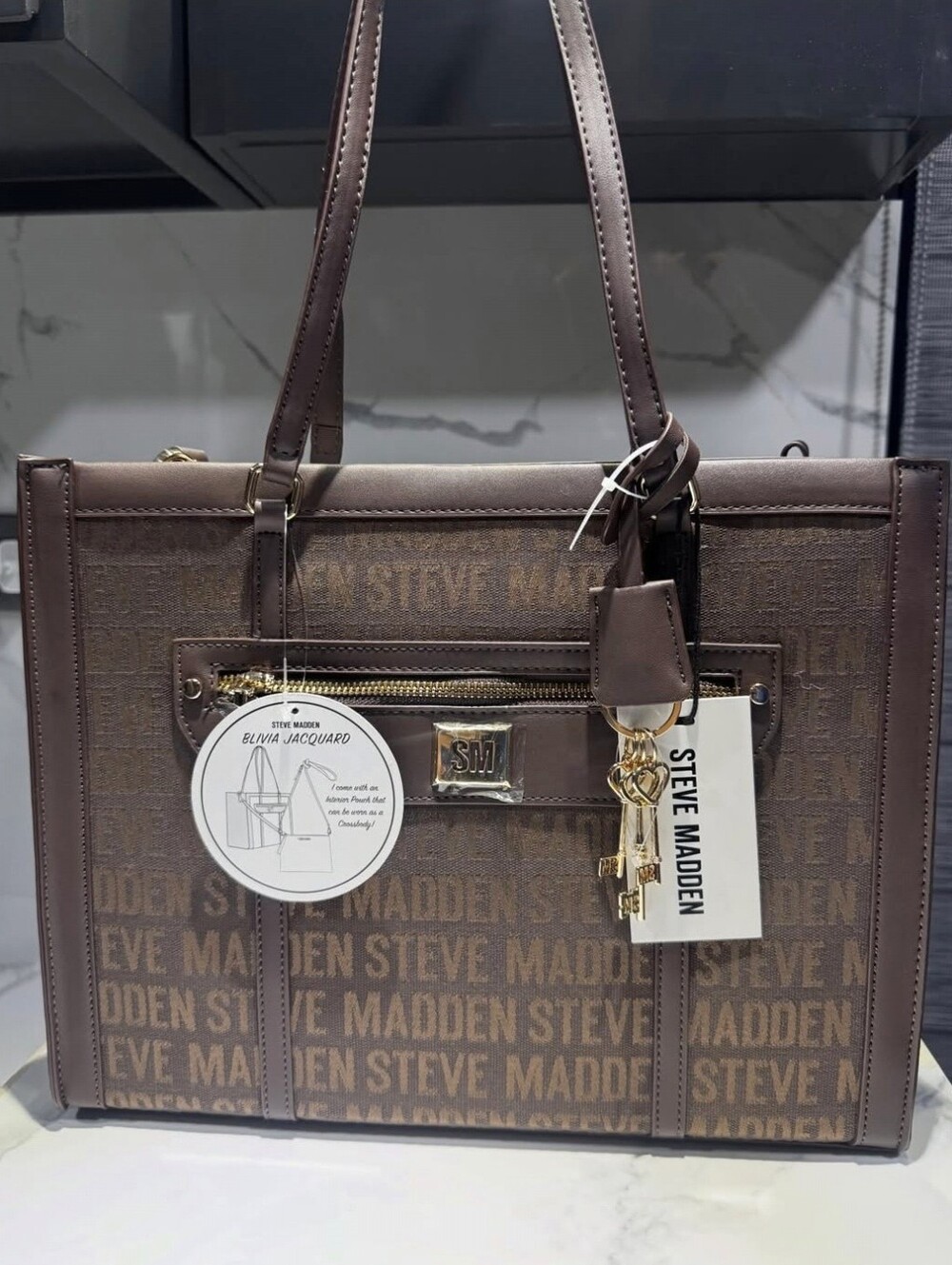Steve Madden Brown Logo Jacquard Tote with Key Charm